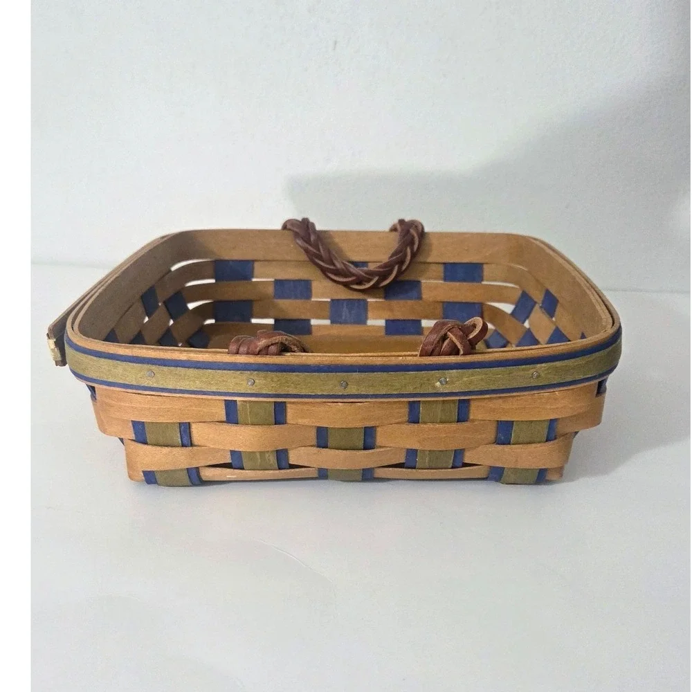 Longaberger 2009 Handmade Basket Blue Green Woven‎ Square Leather Handles USA